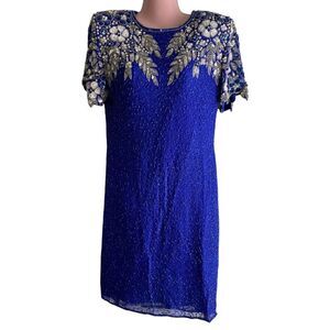 Vintage Eves Allure Dress Women's Large Blue Beaded Sequin Cocktail Party Prom